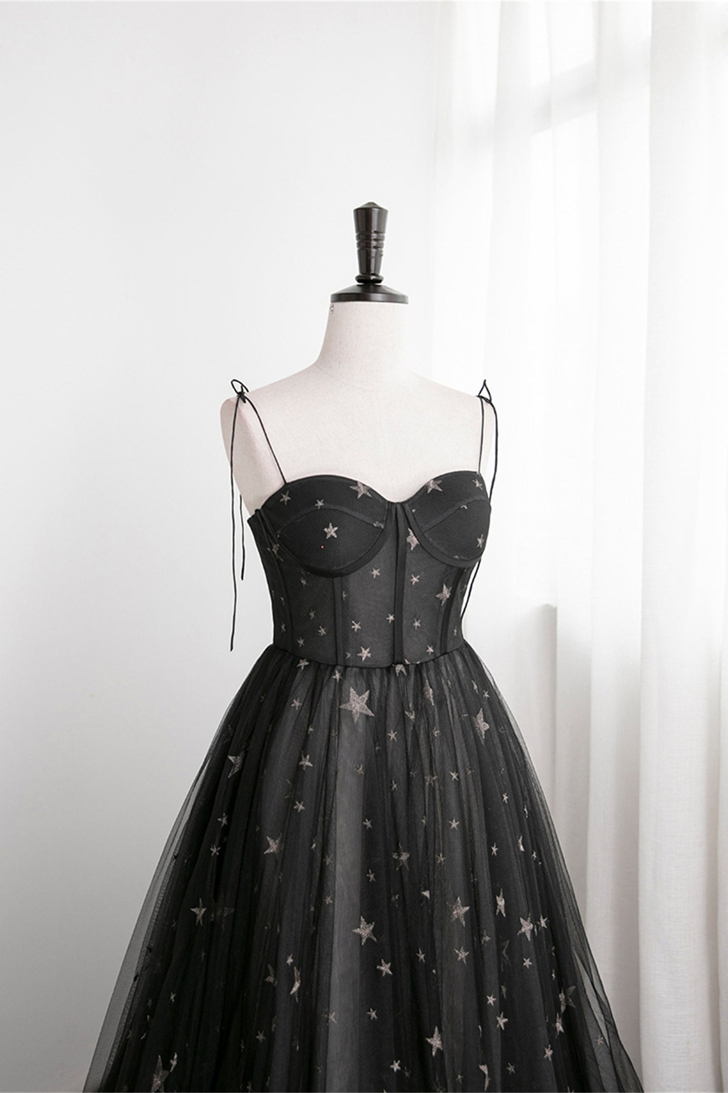 Black Corset Satrs Tulle A-line Long Formal Dress