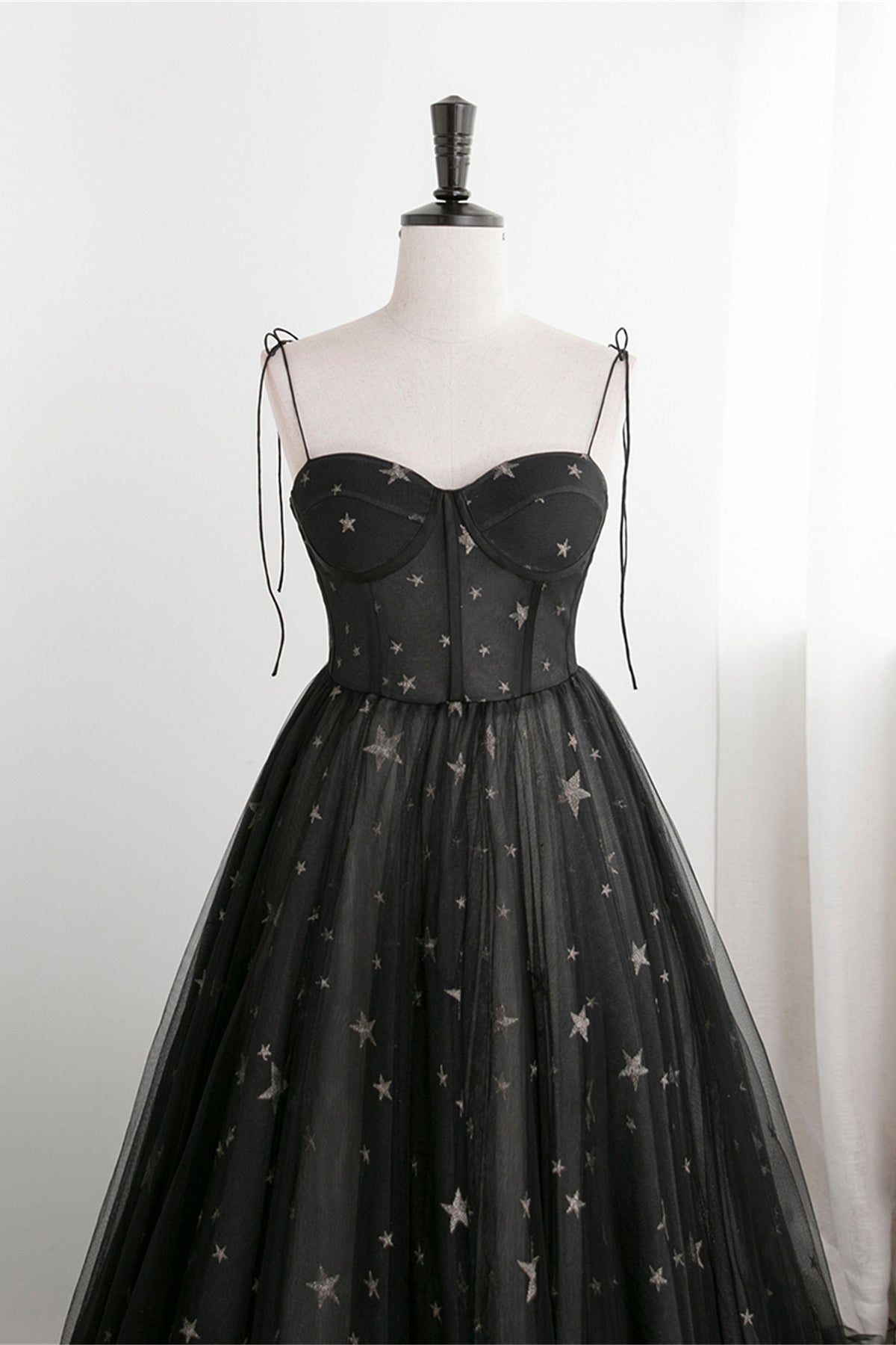 Black Corset Satrs Tulle A-line Long Formal Dress