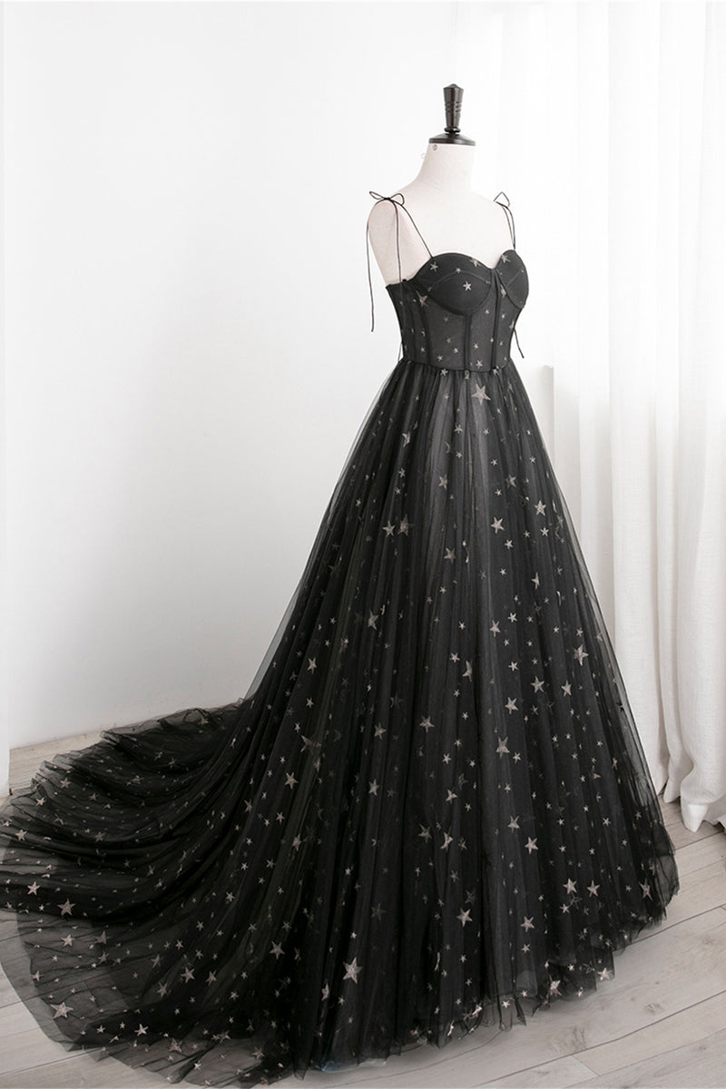 Black Corset Satrs Tulle A-line Long Formal Dress