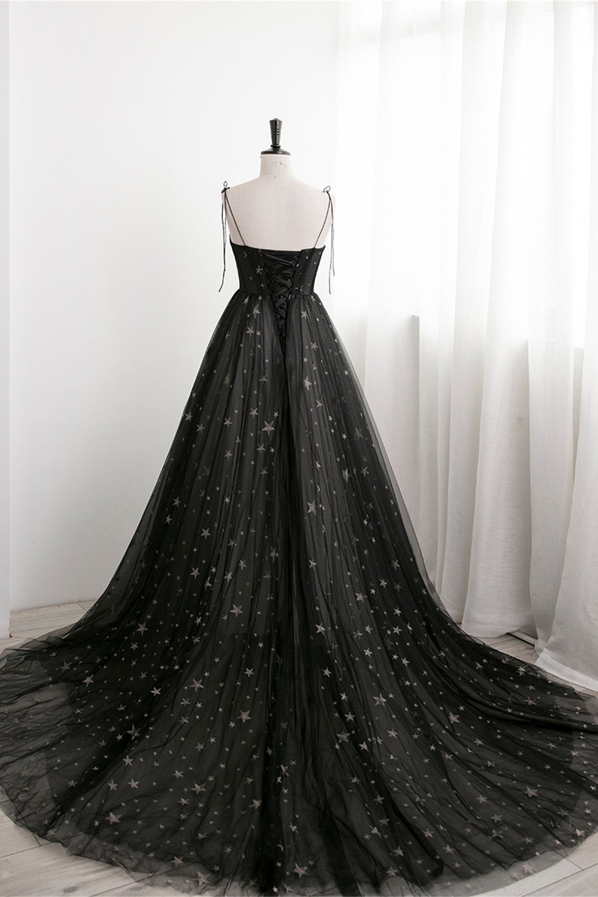 Black Corset Satrs Tulle A-line Long Formal Dress