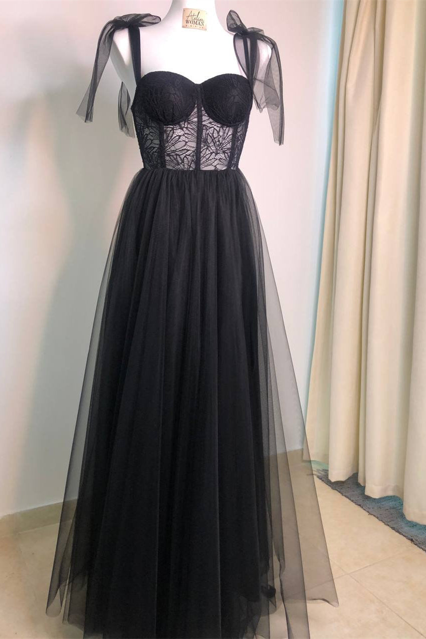 Black Lace Corset Tulle A-line Long Prom Dress