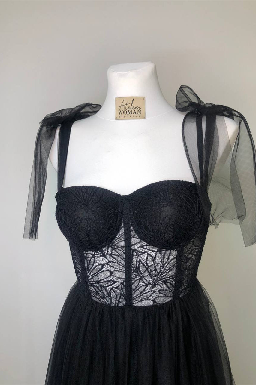 Black Lace Corset Tulle A-line Long Prom Dress