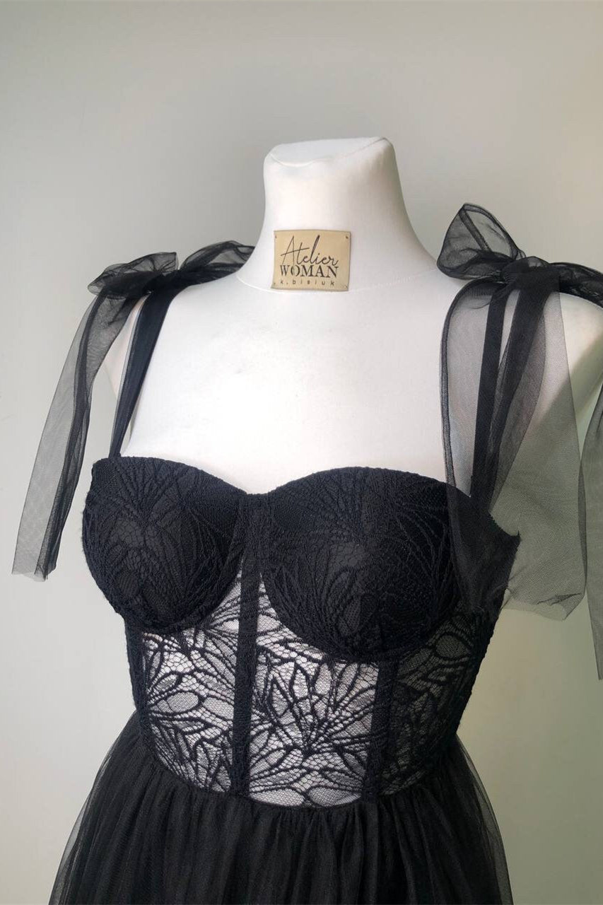 Black Lace Corset Tulle A-line Long Prom Dress