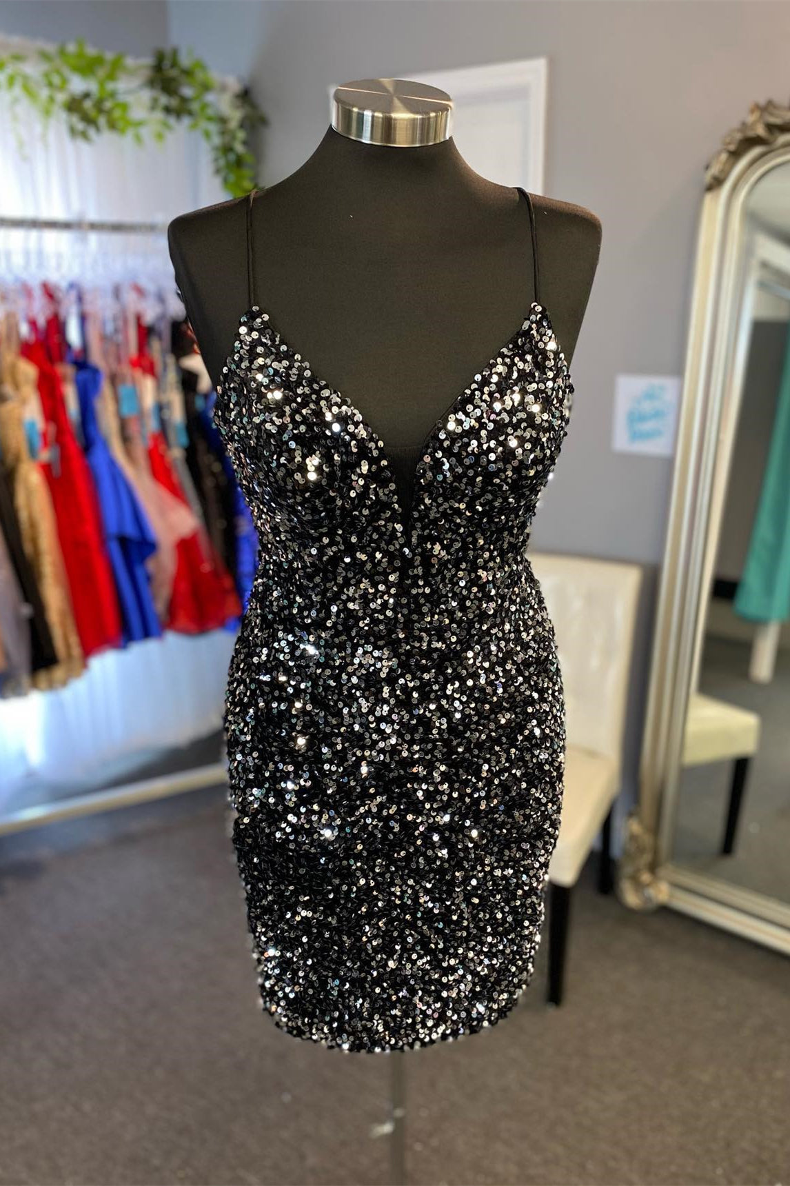 Black Sequin Tight Mini Dress with Lace-up Back