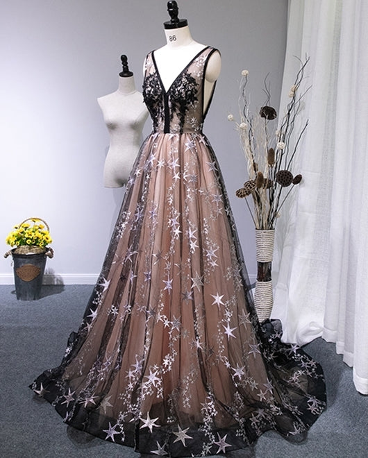 Black Stars Tulle A-line Long Formal Dress