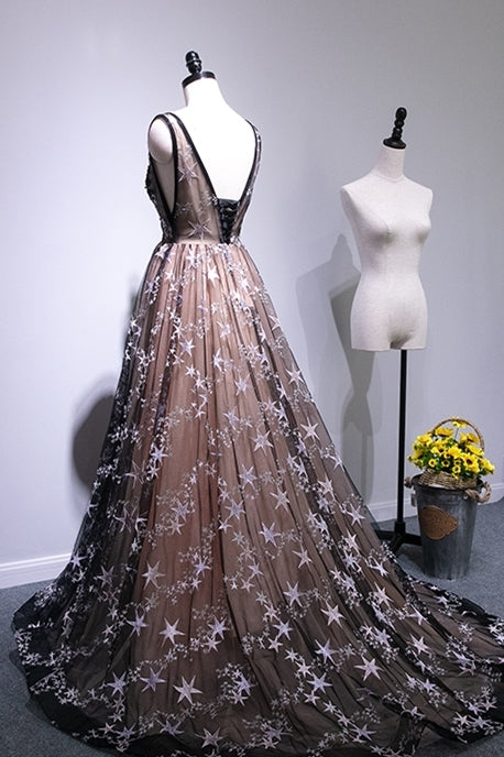 Black Stars Tulle A-line Long Formal Dress