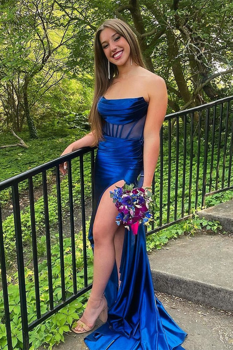 Strapless Black Mermaid Long Formal Dress with Pink Bow