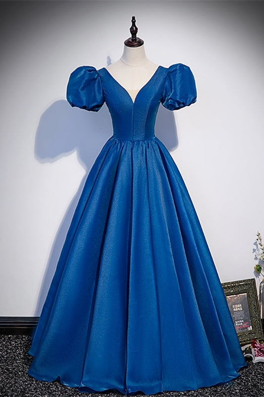 Blue A-line Long Formal Dress with Short Puffy Sleeves