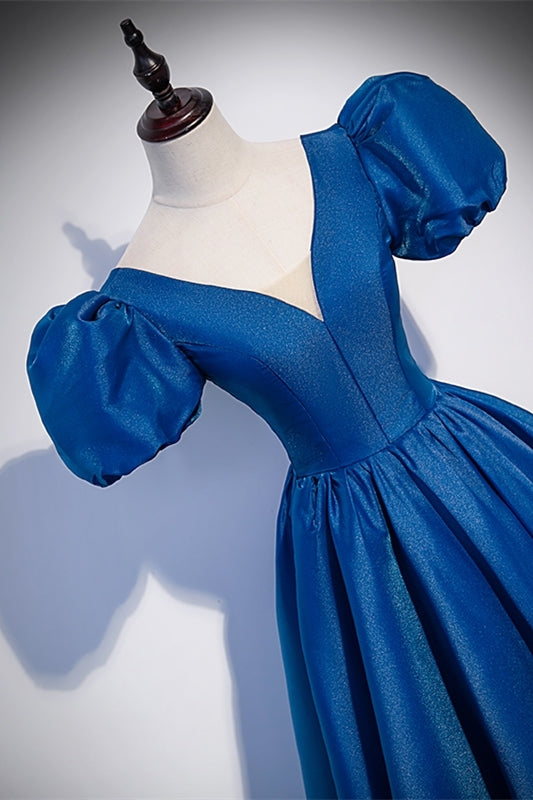Blue A-line Long Formal Dress with Short Puffy Sleeves
