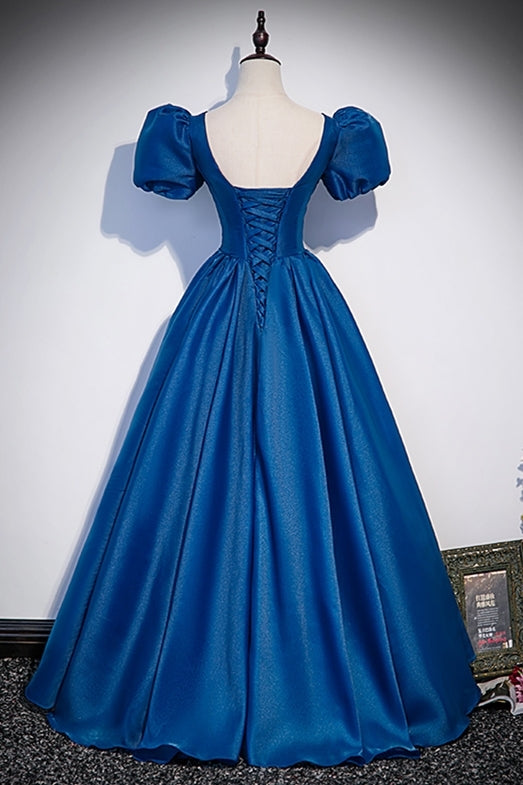 Blue A-line Long Formal Dress with Short Puffy Sleeves
