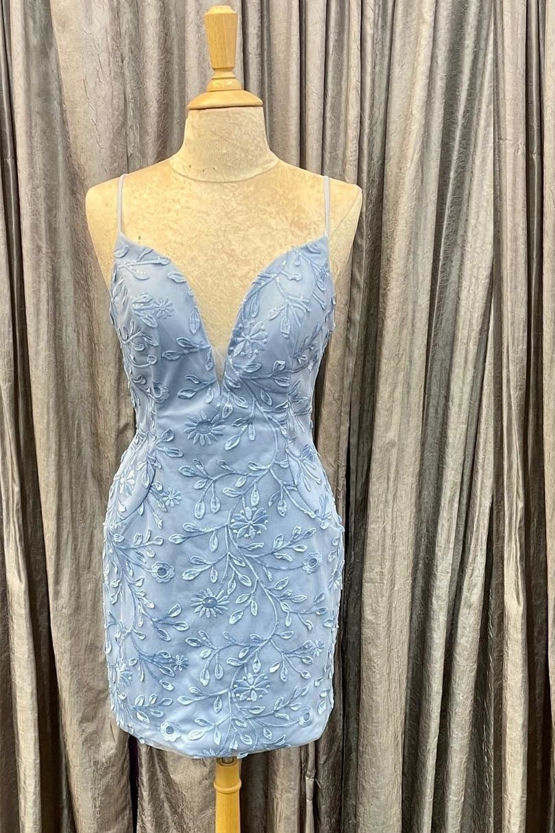 Blue Appliques Straps Bodycon Short Party Dress