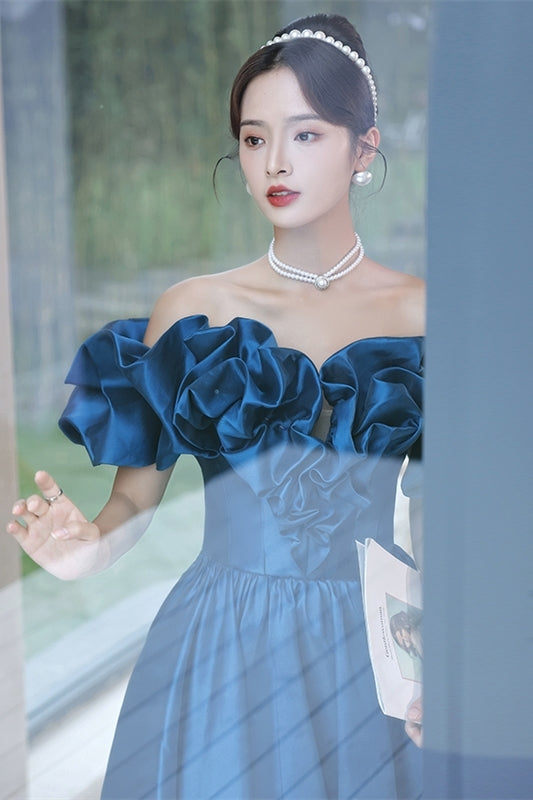 Blue Off the Shoulder A-line Satin Long Formal Dress