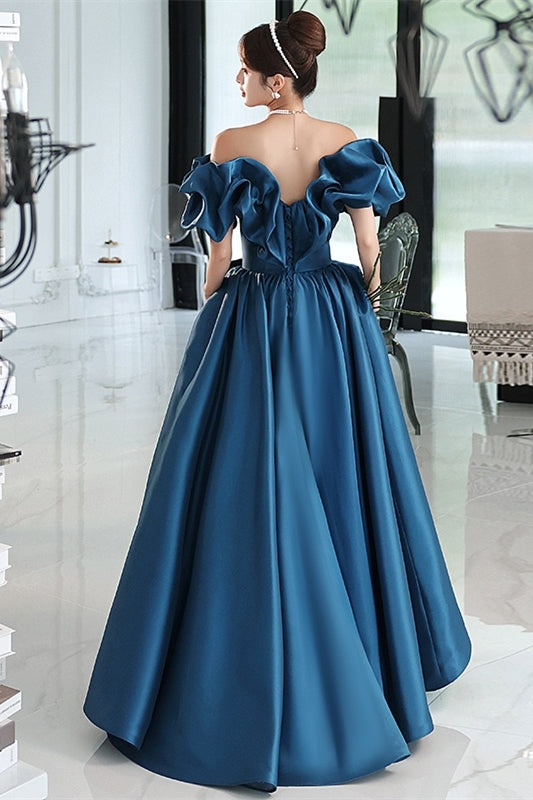 Blue Off the Shoulder A-line Satin Long Formal Dress