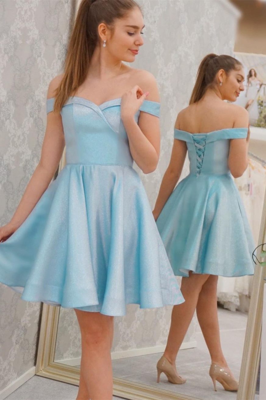 Blue Off the Shoulder Short A-line Party Dress