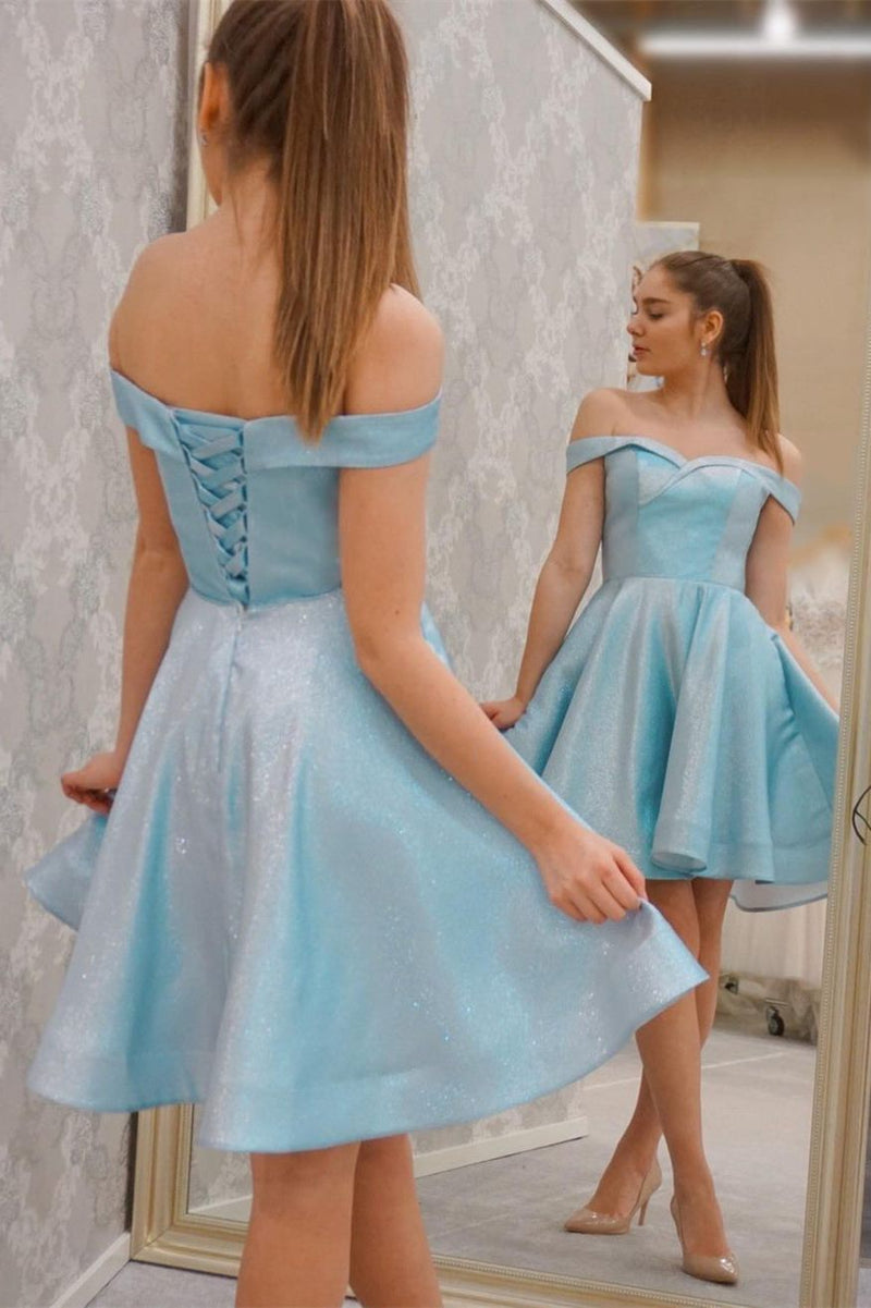 Blue Off the Shoulder Short A-line Party Dress