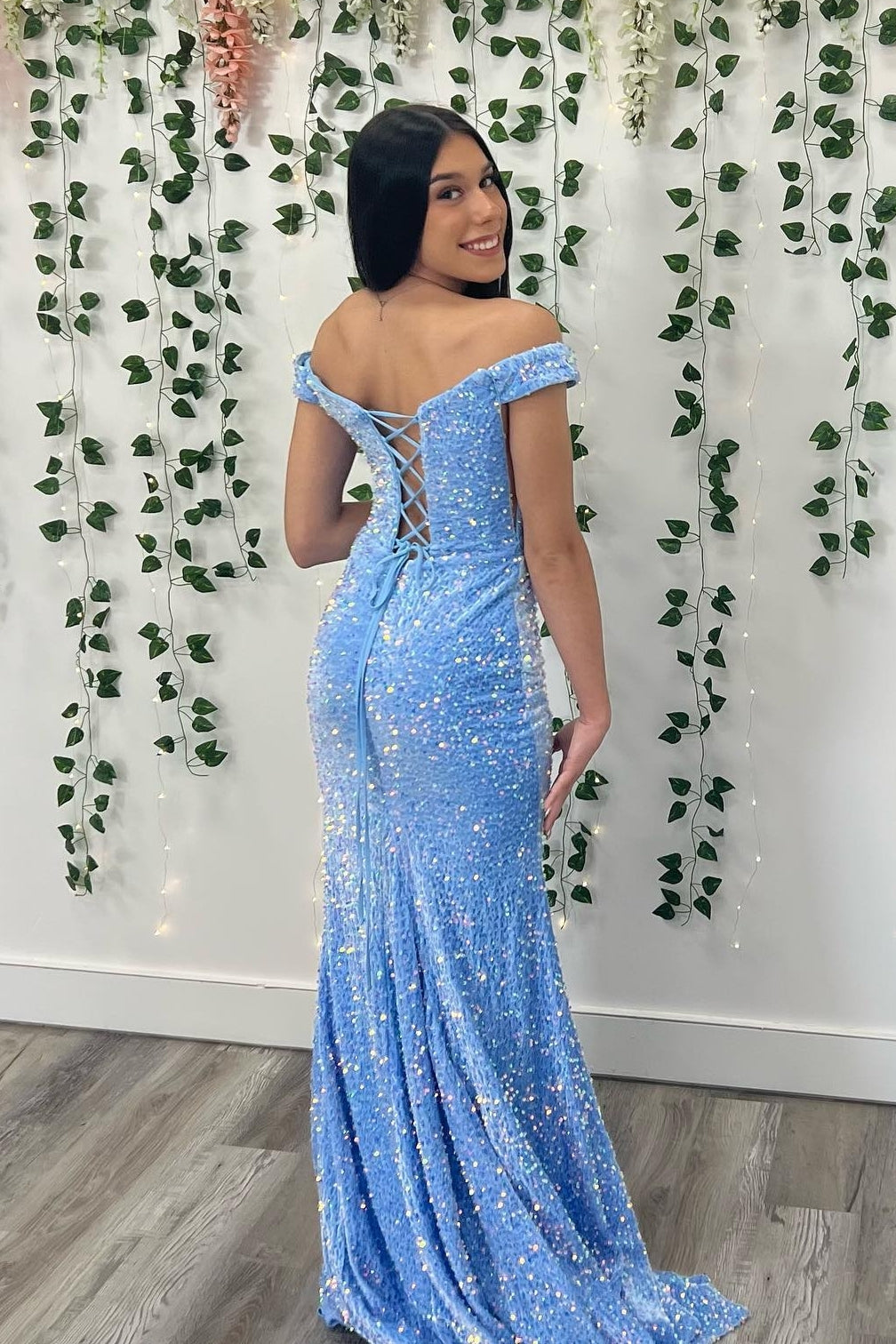 Blue Sequin Off the Shoulder Twist Slit Mermaid Long Formal Dress