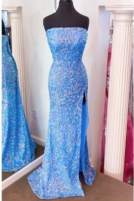 Blue Sequin Strapless Mermaid Long Prom Dress with Slit