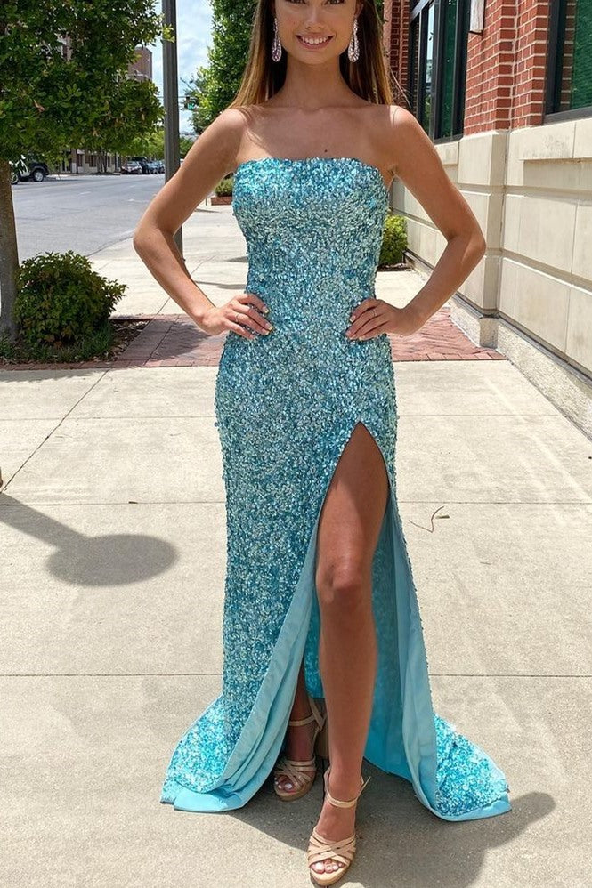 Blue Sequin Strapless Mermaid Long Prom Dress with Slit
