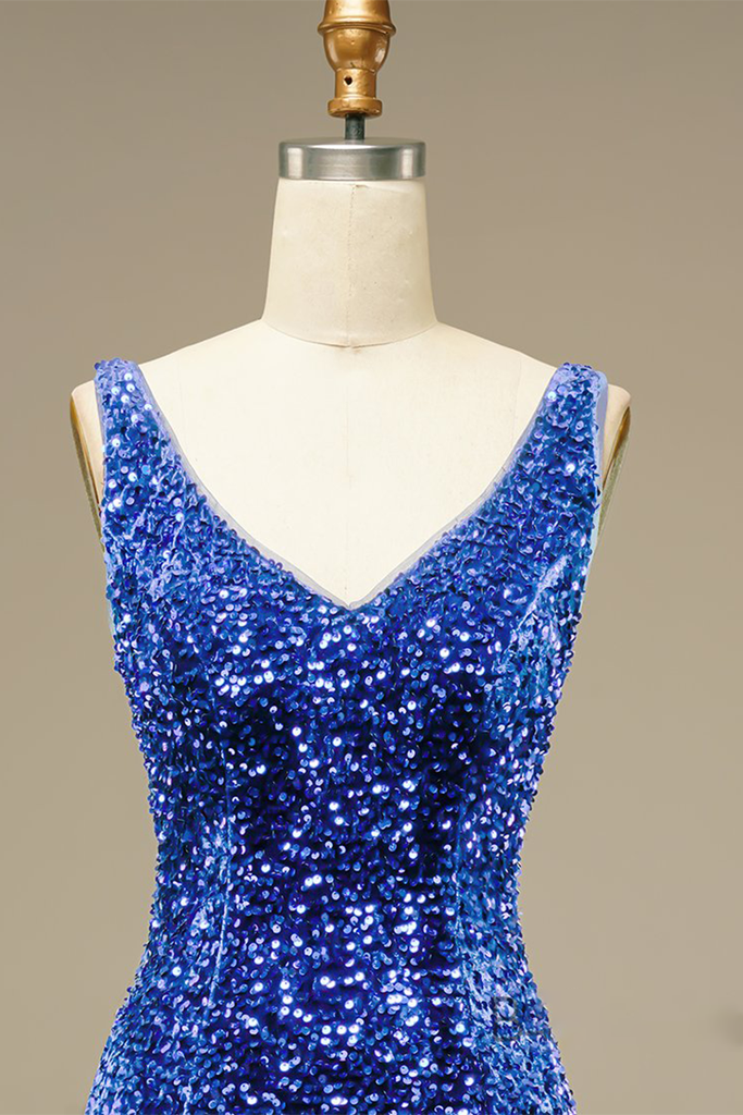 Blue Sequin V Neck Bodycon Mini Homecoming Dress