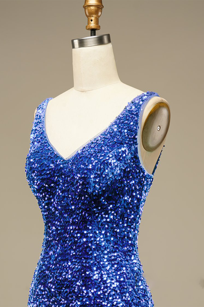 Blue Sequin V Neck Bodycon Mini Homecoming Dress