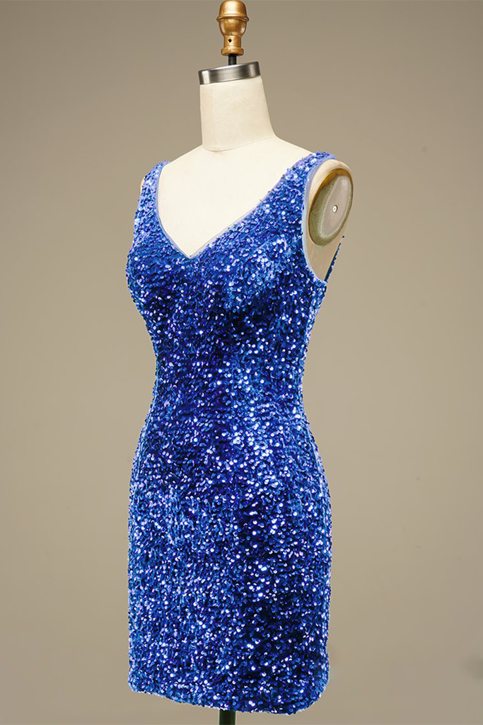 Blue Sequin V Neck Bodycon Mini Homecoming Dress