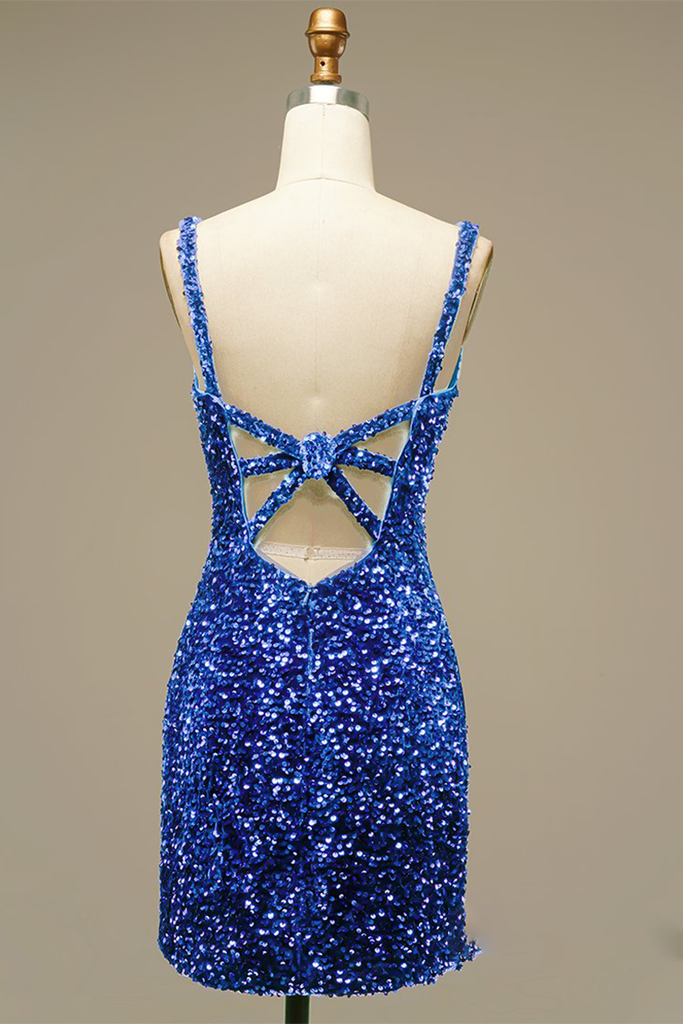 Blue Sequin V Neck Bodycon Mini Homecoming Dress