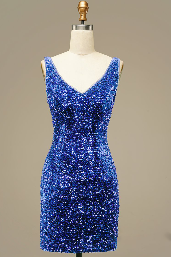 Blue Sequin V Neck Bodycon Mini Homecoming Dress