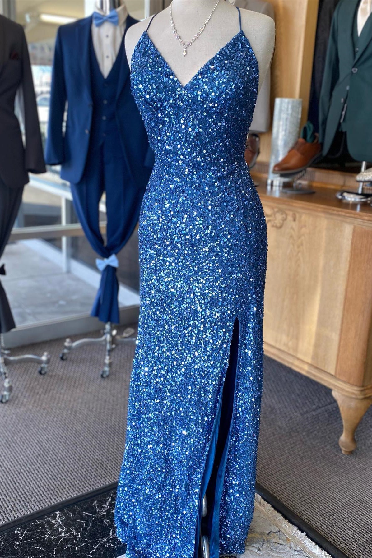 Blue Sequin V Neck Mermaid Long Prom Dress 