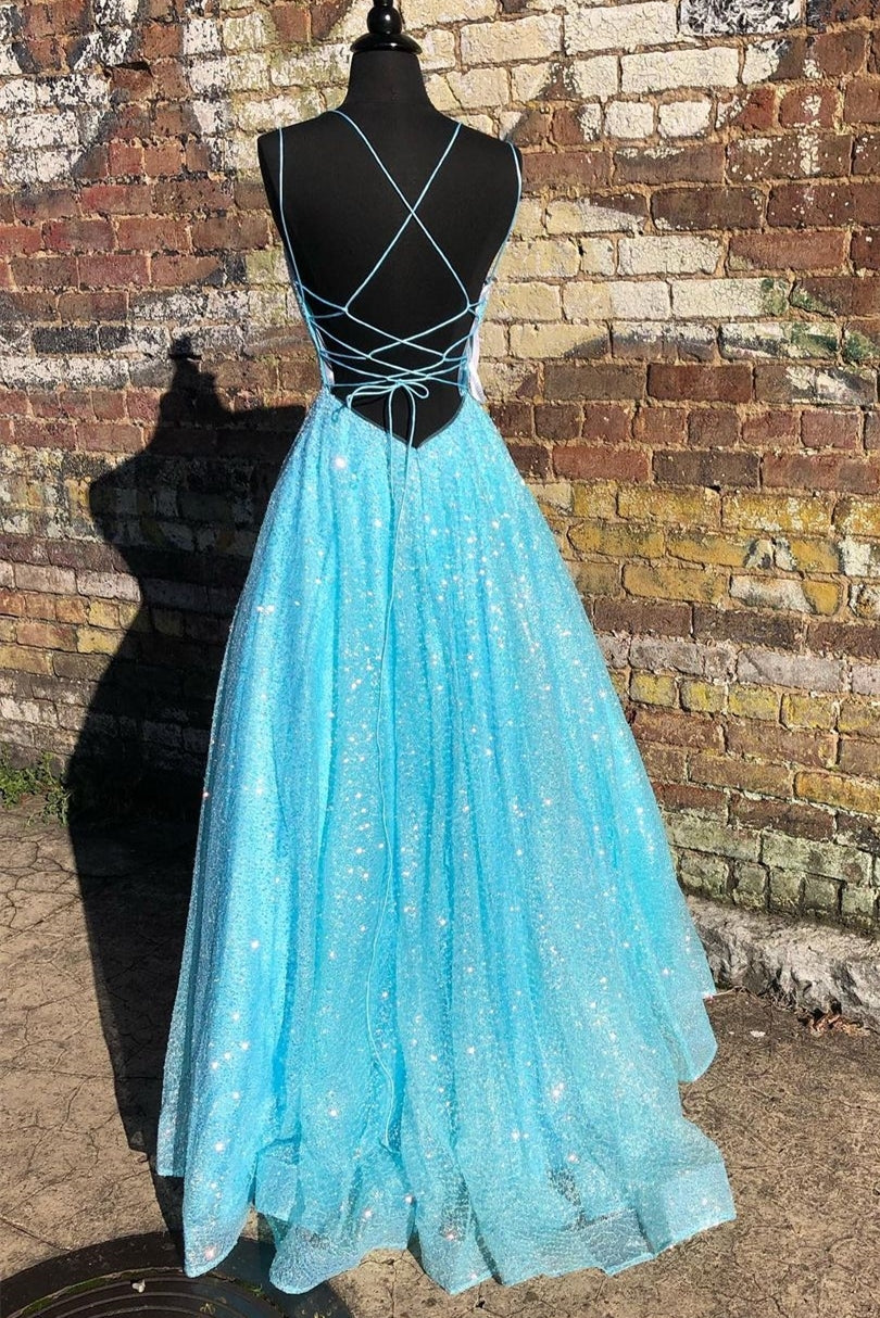 Blue Shiny A-line Long Formal Dress with Lace Up Back