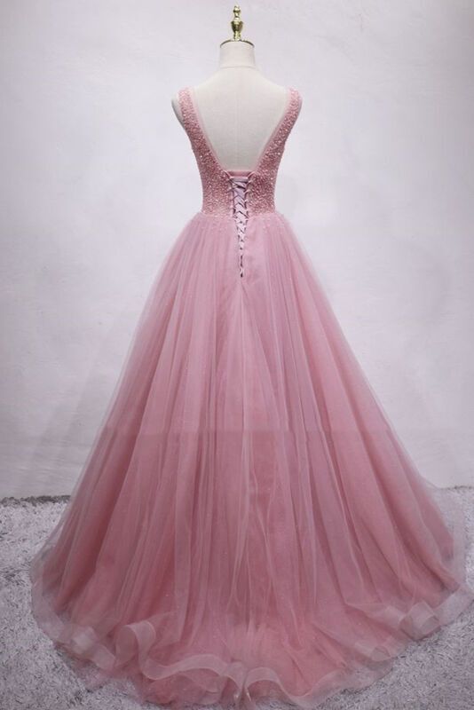 Blush Pink A-line Tulle Long Formal Gown