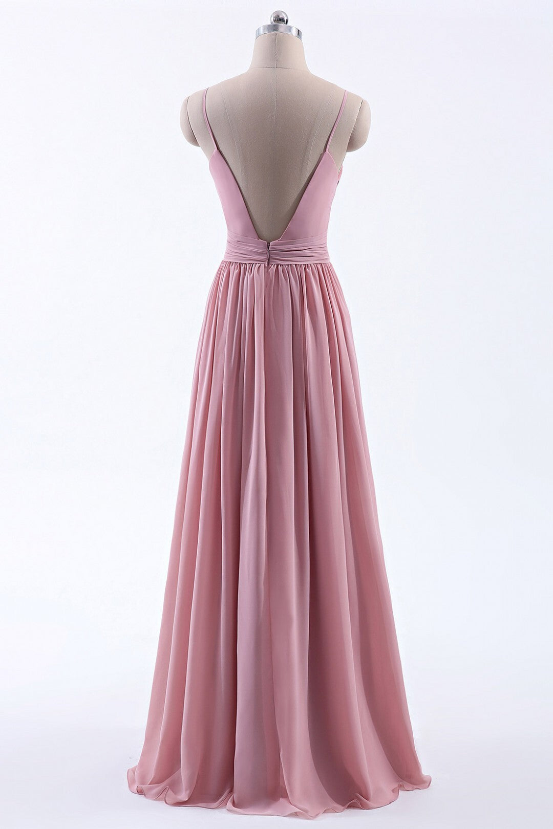 Blush Pink Straps Pleated A-line Long Bridesmaid Dress