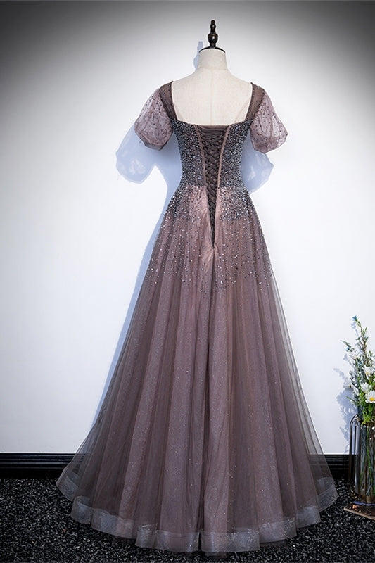 Brown Beaded A-line Tulle Long Formal Dress 