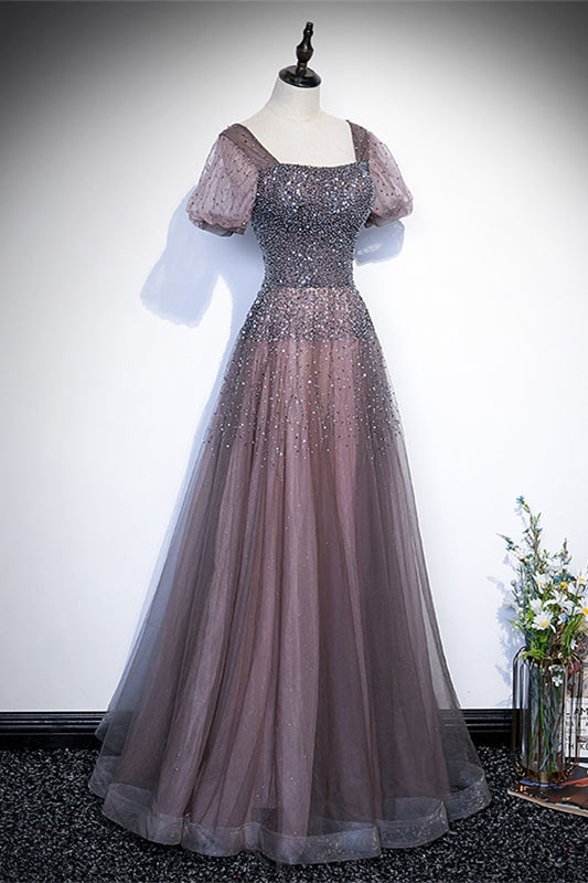 Brown Beaded A-line Tulle Long Formal Dress 