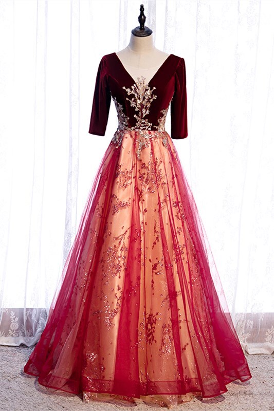Burgundy A-line Gold Beaded Long Evening Dress Dressesforparty Burgundy A-line Gold Beaded Long Evening Dress Dressesforparty