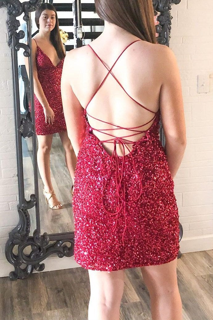 Burgundy Sequins Tight Mini Party Dress