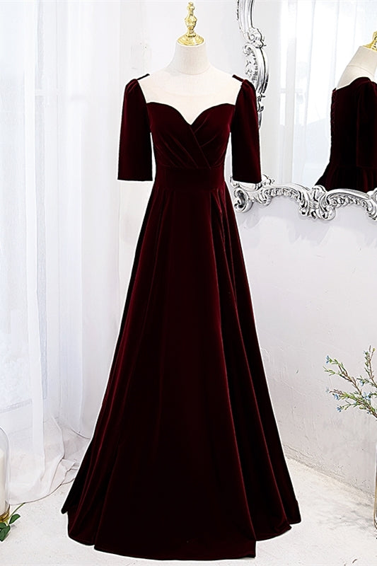 Burgundy Velvet A-line Long Formal Dress with Short Sleeves