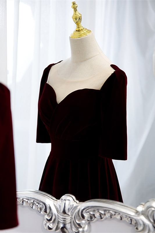 Burgundy Velvet A-line Long Formal Dress with Short Sleeves