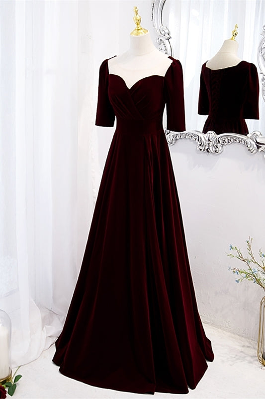 Burgundy Velvet A-line Long Formal Dress with Short Sleeves