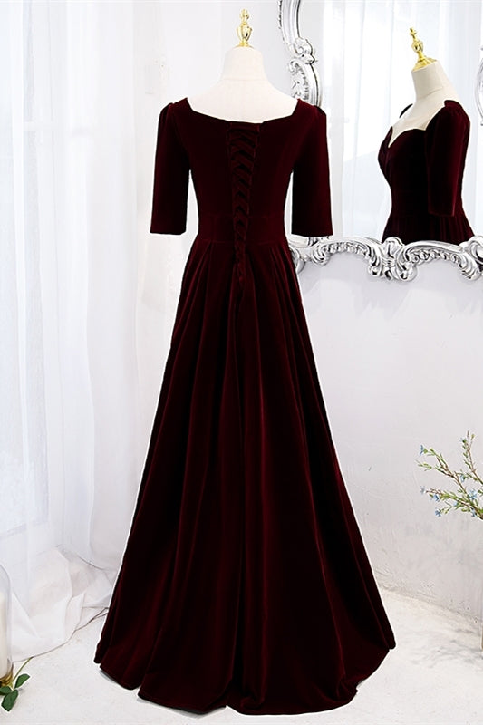 Burgundy Velvet A-line Long Formal Dress with Short Sleeves