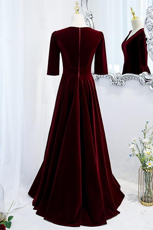 Burgundy Velvet A-line V Neck Long Evening Dress