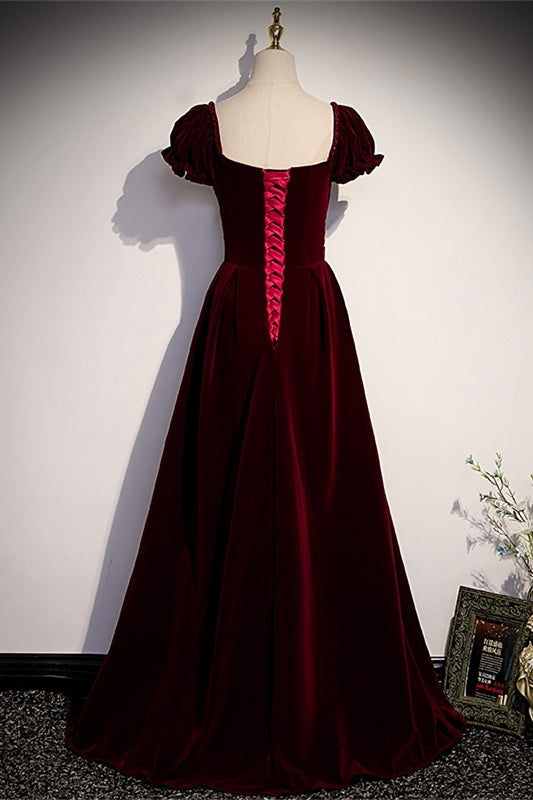 Burgundy Velvet Long Formal Dress with Short Sleeves