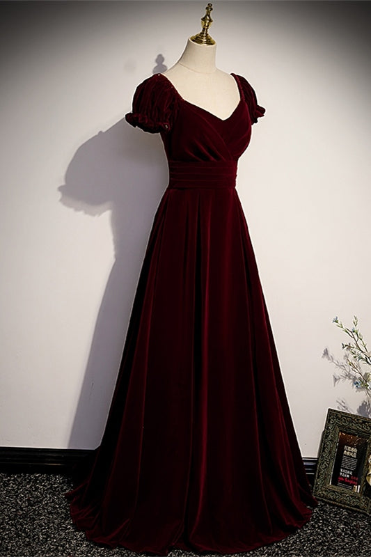 Burgundy Velvet Long Formal Dress with Short Sleeves