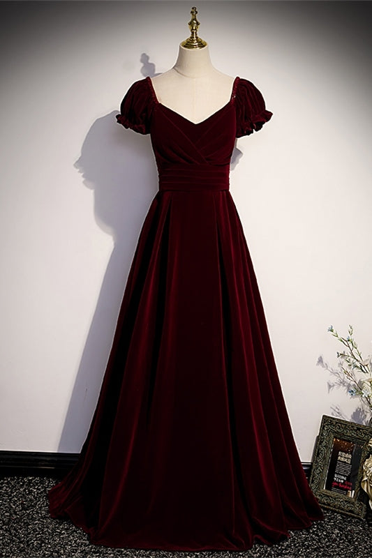 Burgundy Velvet Long Formal Dress with Short Sleeves
