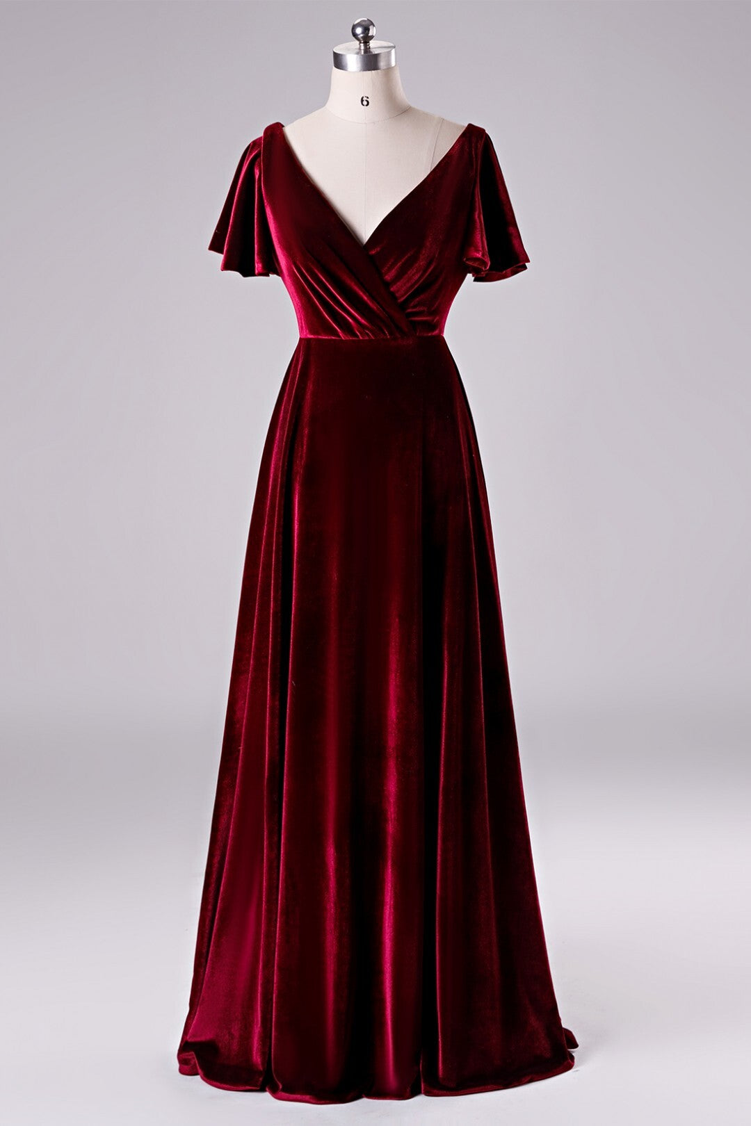 Burgundy Velvet Wrap Long Bridesmaid Dress with Flare Sleeves