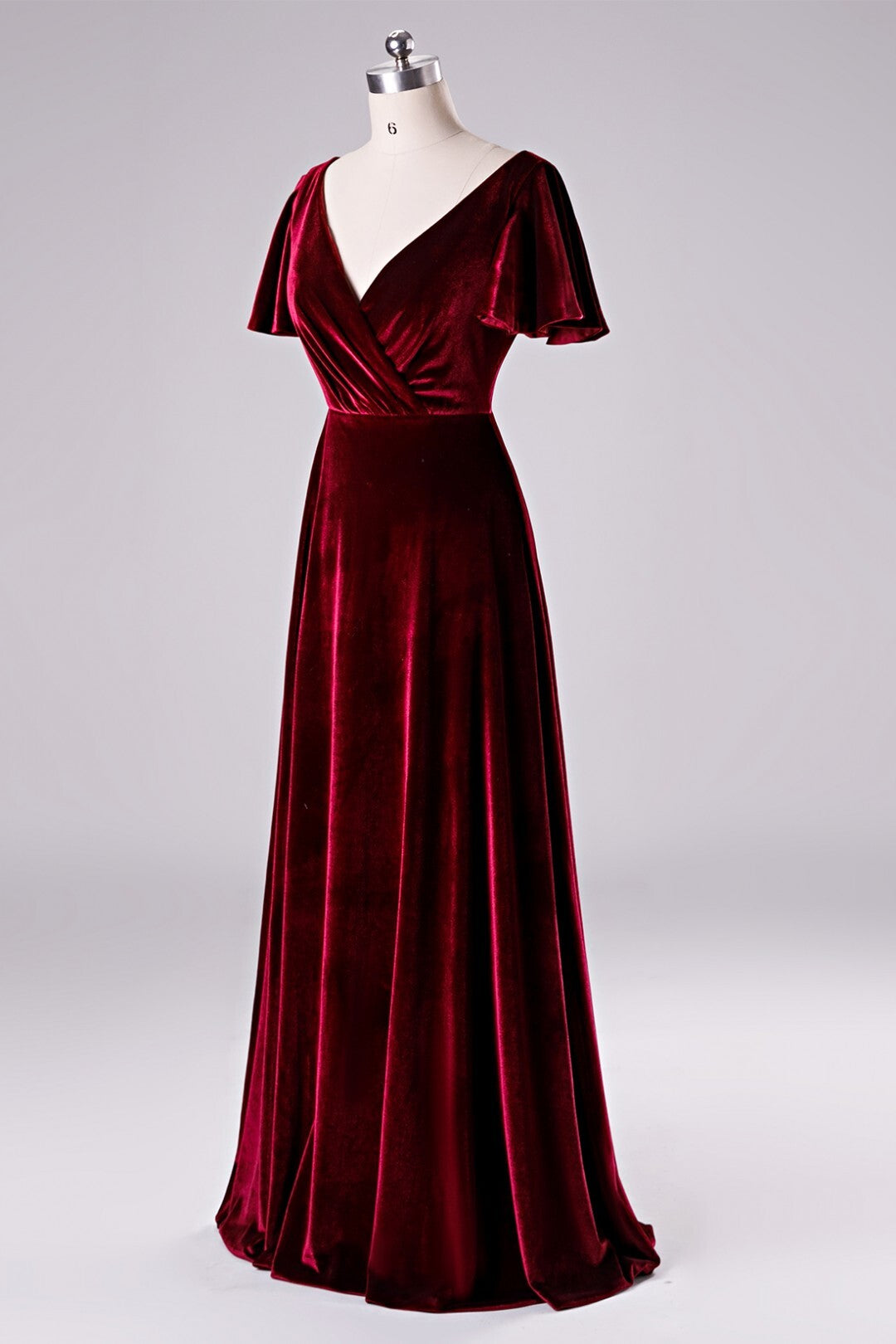 Burgundy Velvet Wrap Long Bridesmaid Dress with Flare Sleeves