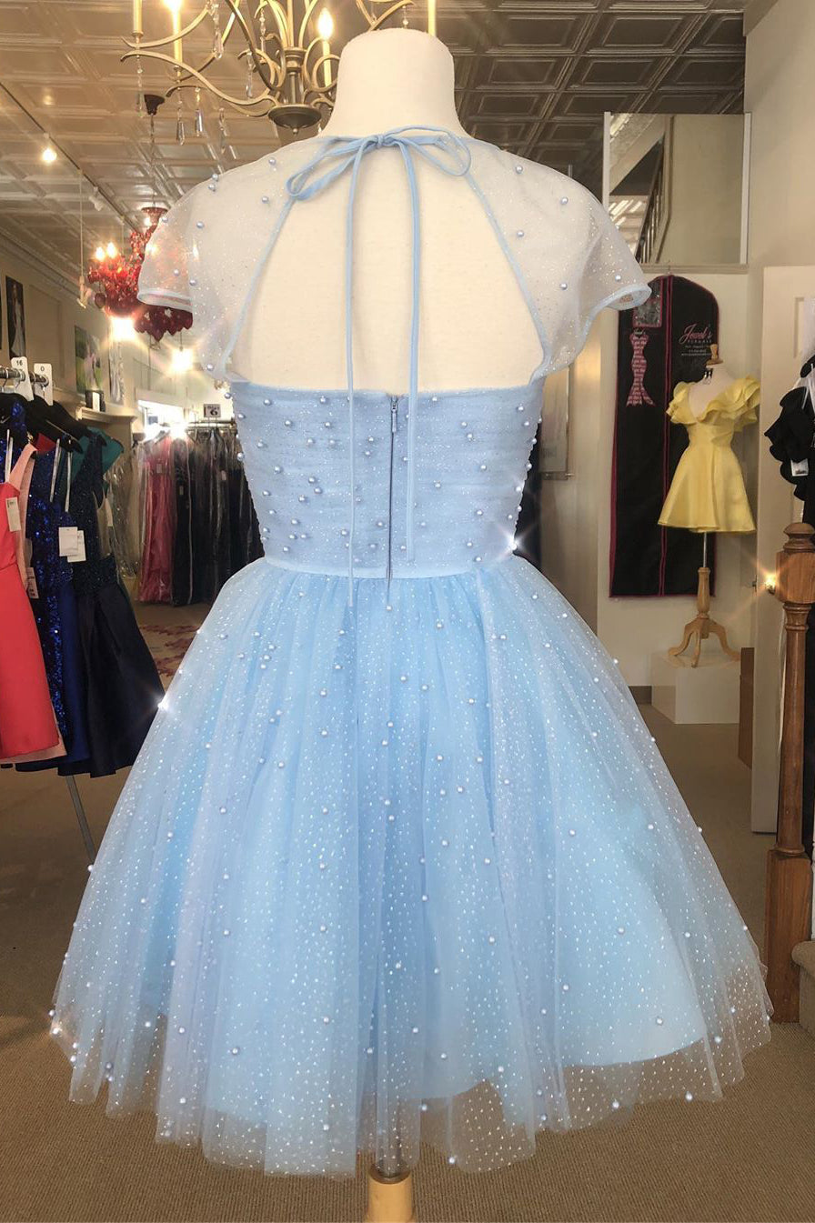 Cap Sleeves Light Blue Pearls Short Homecoming Dress 