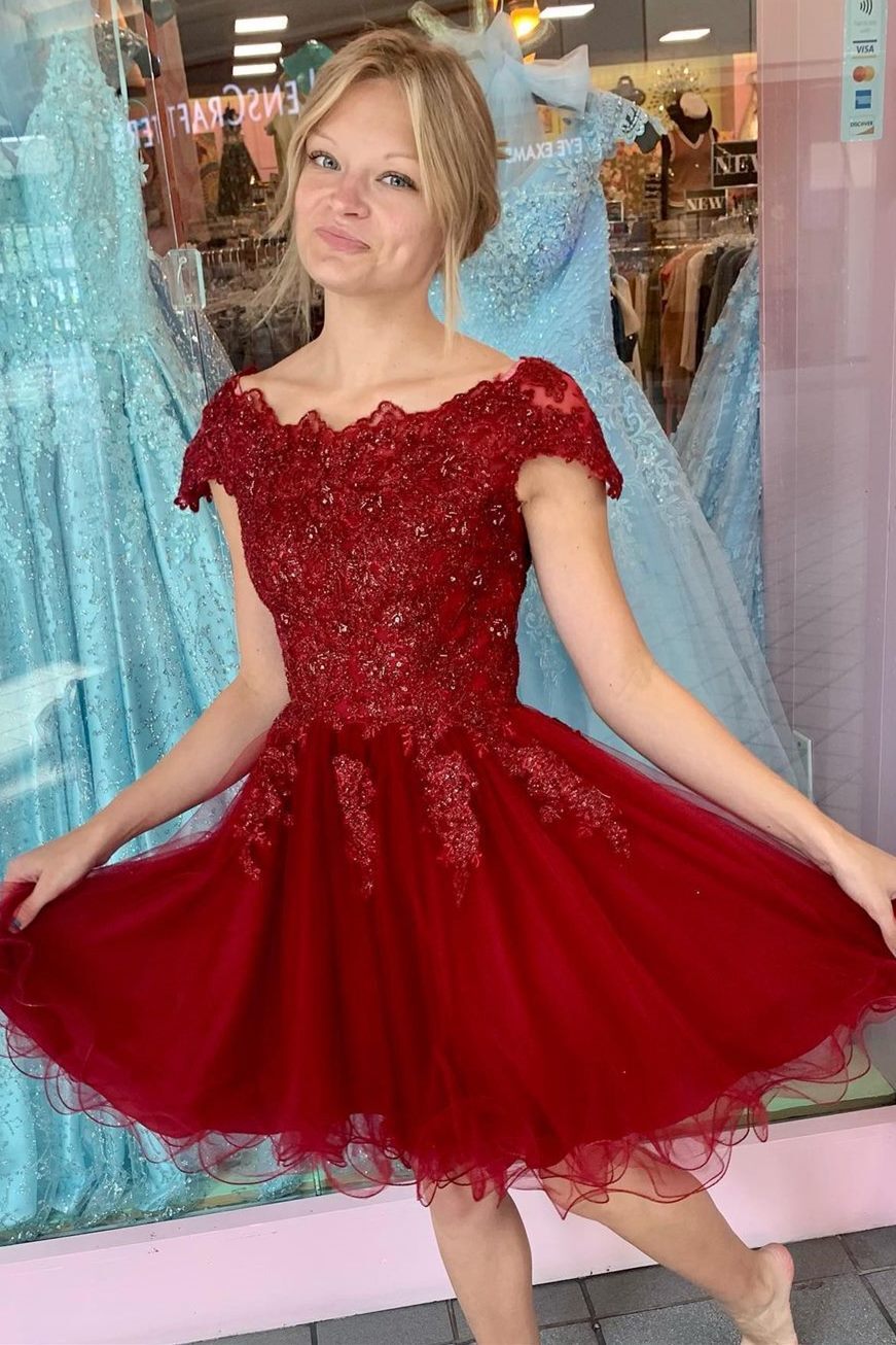 Cap Sleeves Wine Red Short A-line Party Dress