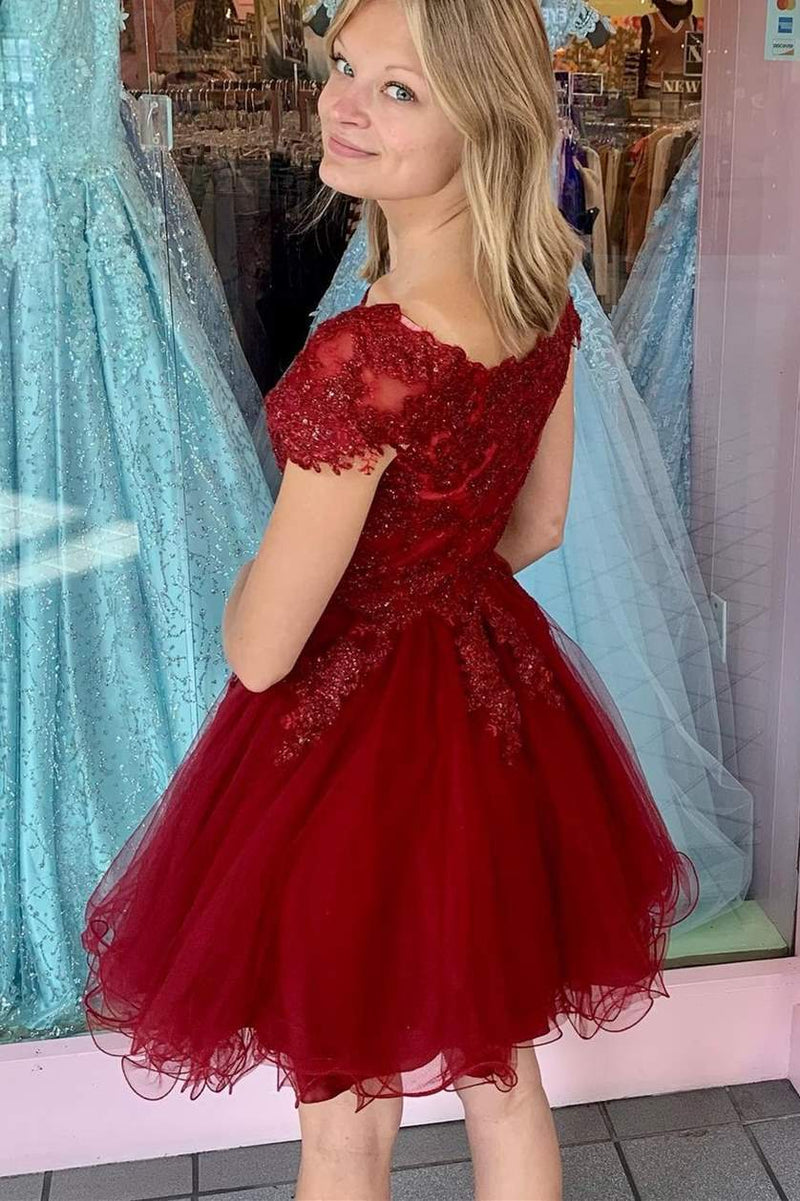 Cap Sleeves Wine Red Short A-line Party Dress