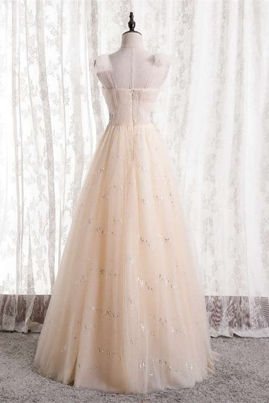 Champagne A-line Tulle Long Party Dress