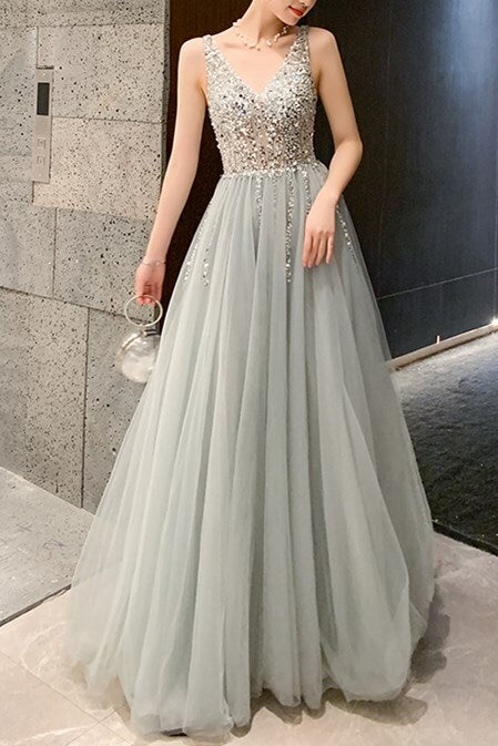 Classic A-line Grey and Silver Sequins Formal Dress